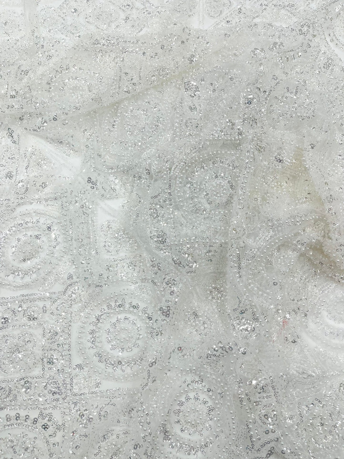 Beaded Lace Fabric, Heavy Embroidered Geometric Design on 58" Mesh