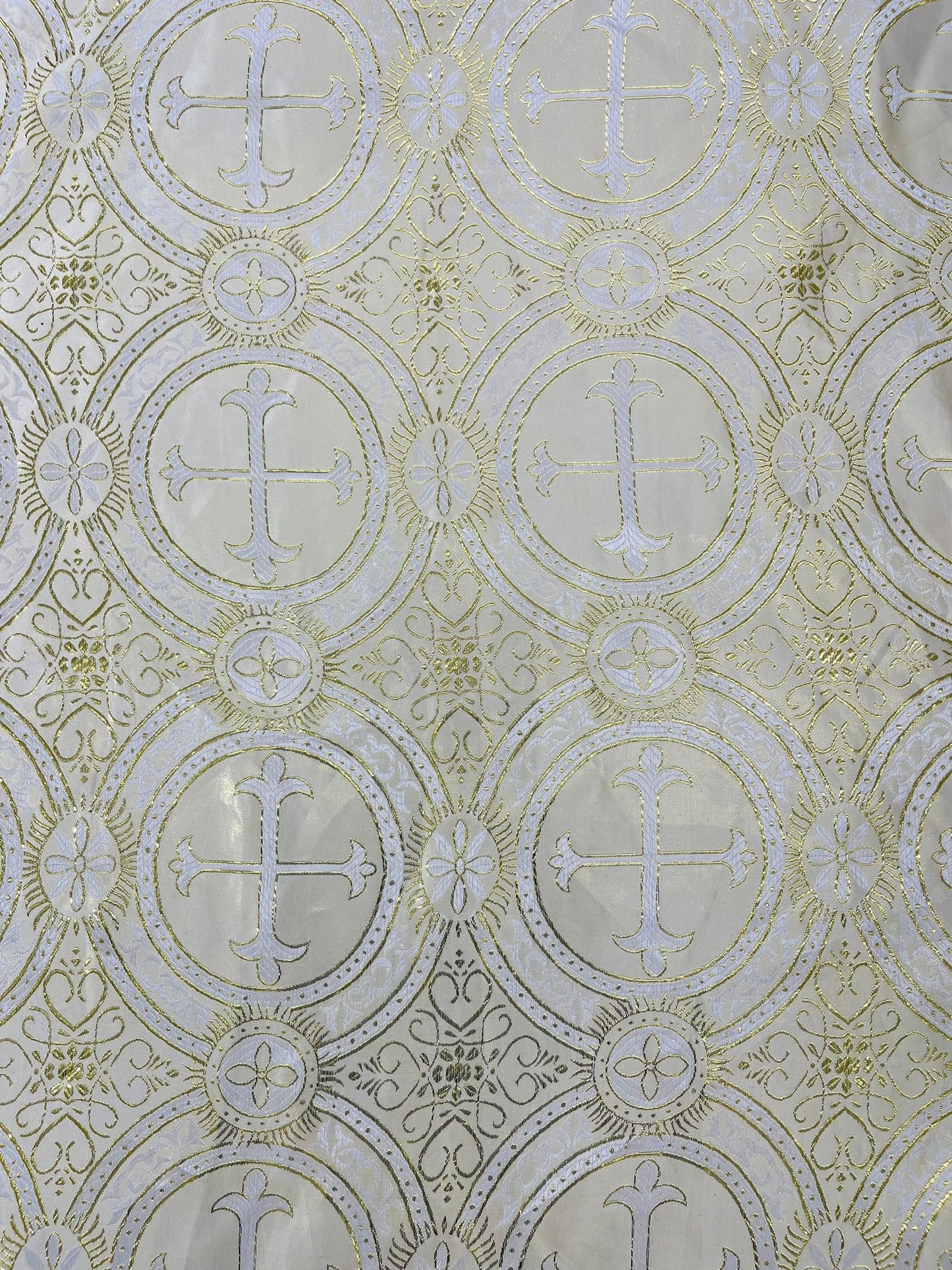 Beige/Gold - Rectangular Metallic Cross Brocade Jacquard Satin Tablecloth Overlay/Religious Brocade/Liturgical Fabric/Church. - New Creations Fabric & Foam Inc