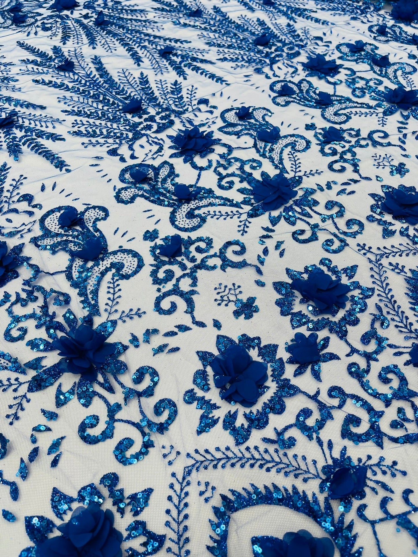 Floral 3D Palm Damask with Glitter in a Mesh Lace| New Creations Fabric & Foam Inc. - New Creations Fabric & Foam Inc