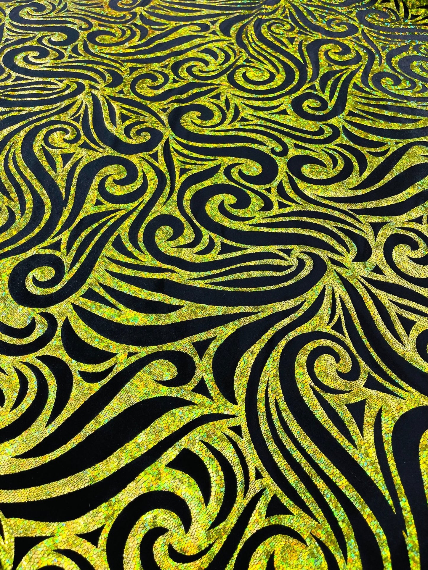 Holographic Foil Tribal Flame Design On A Stretch Velvet 58" Wide| New Creations Fabric & Foam Inc. - New Creations Fabric & Foam Inc