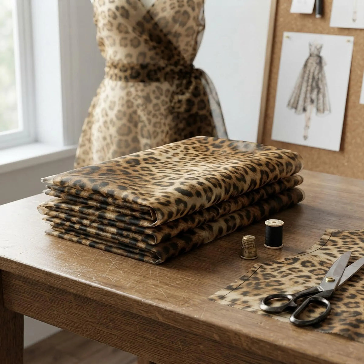 Gold Black Leopard Animal Print ON Liquid Organza Fabric | 58" Wide| Apparel| Dresses.