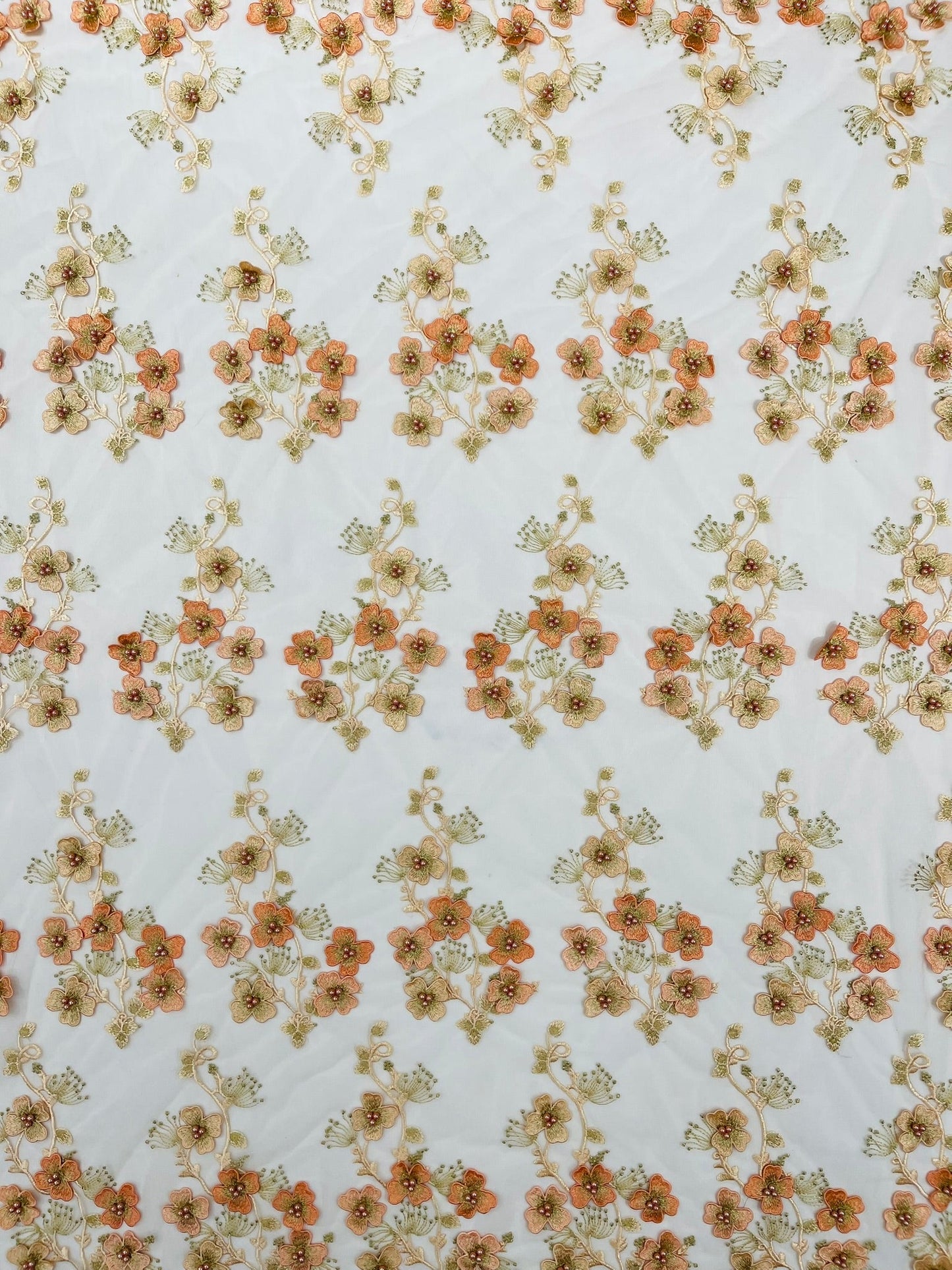 Multi Color 3D Floral Design Embroider with Pearls in a Mesh Lace Fabric| New Creations Fabric & Foam Inc. - New Creations Fabric & Foam Inc