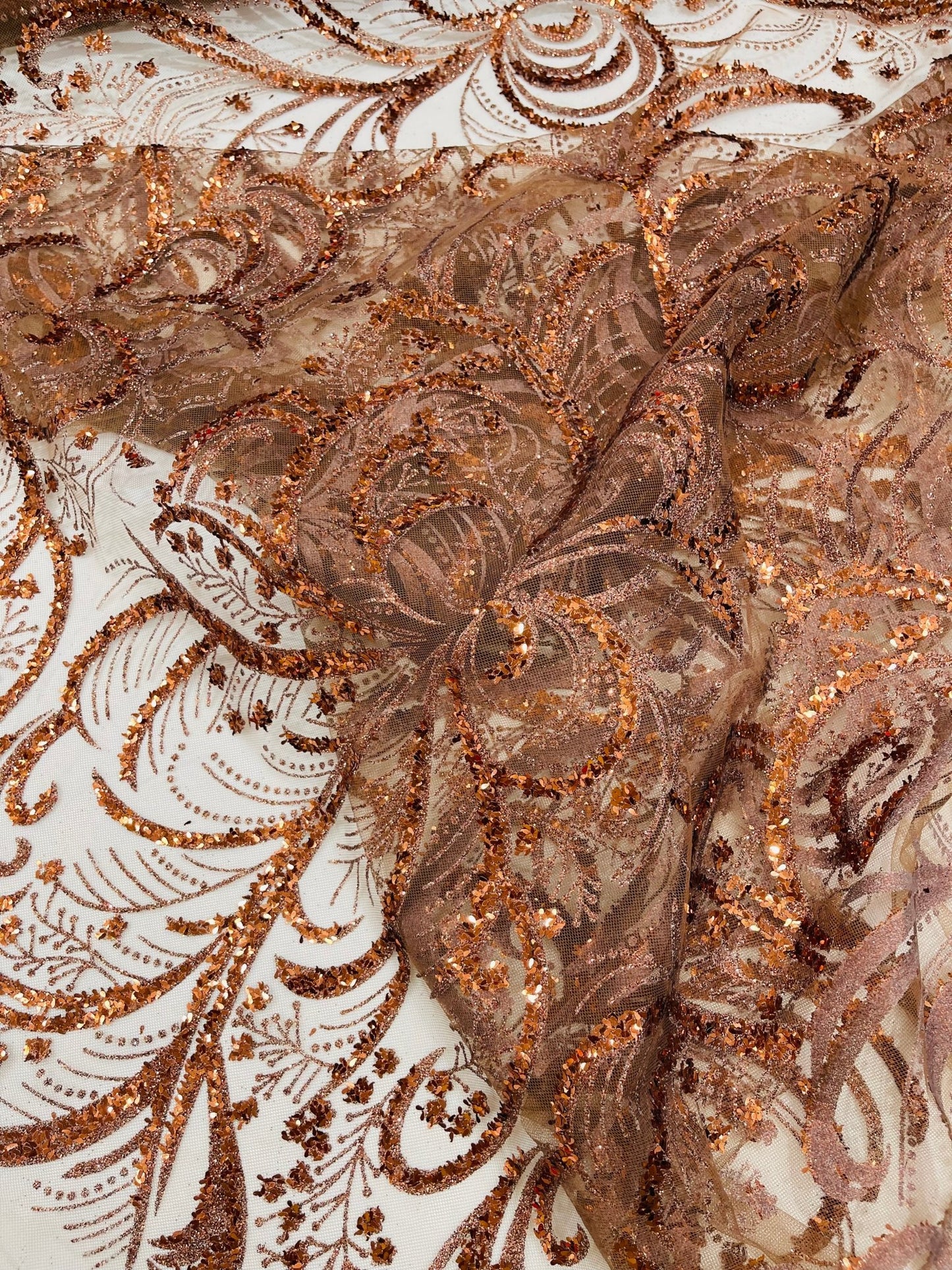 Palm Vine Glitter Design On A Mesh Lace 54" Wide| New Creations Fabric & Foam Inc. - New Creations Fabric & Foam Inc