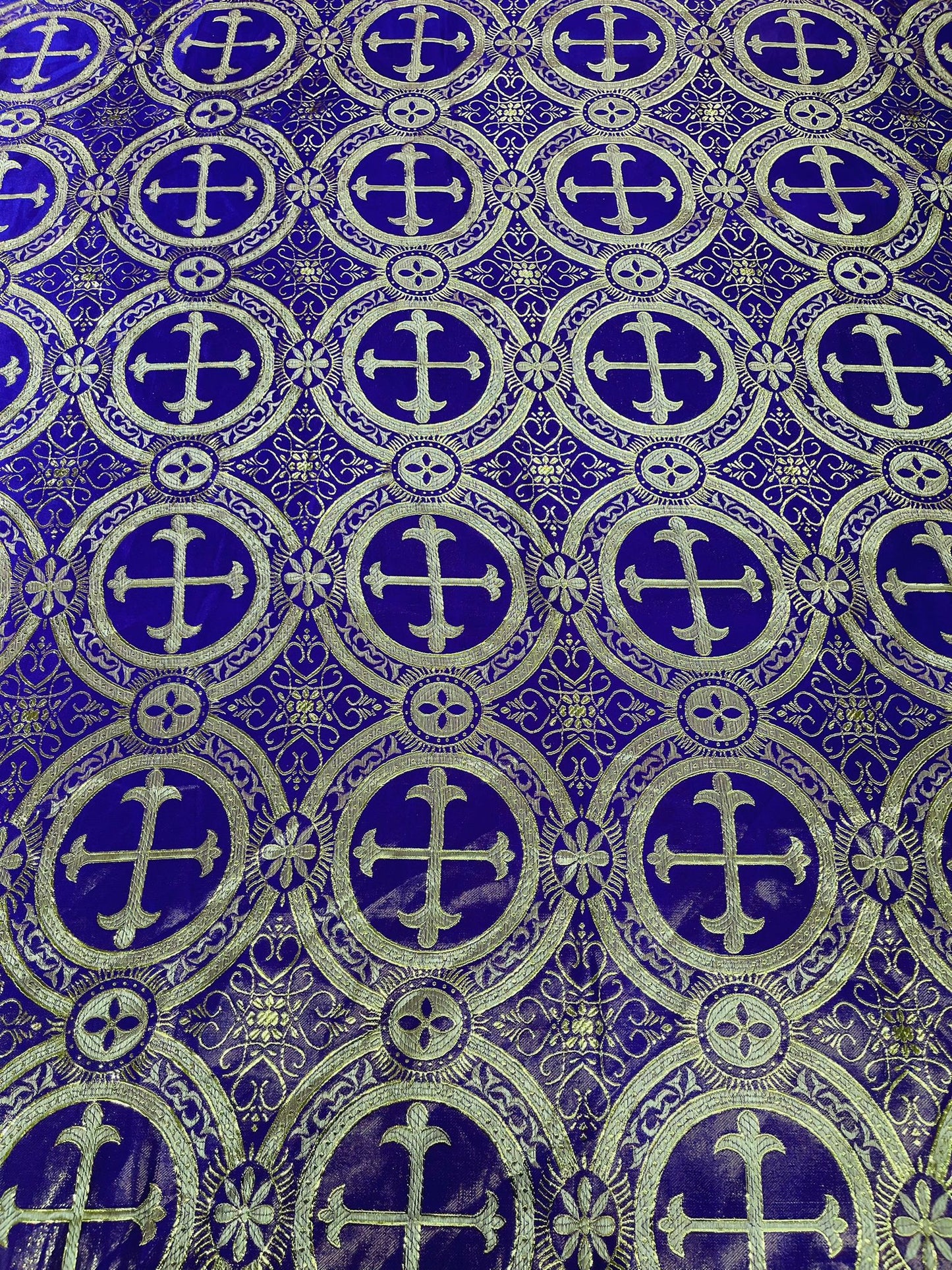 Purple/Gold - Rectangular Metallic Cross Brocade Jacquard Satin Tablecloth Overlay/Religious Brocade/Liturgical Fabric/Church. - New Creations Fabric & Foam Inc