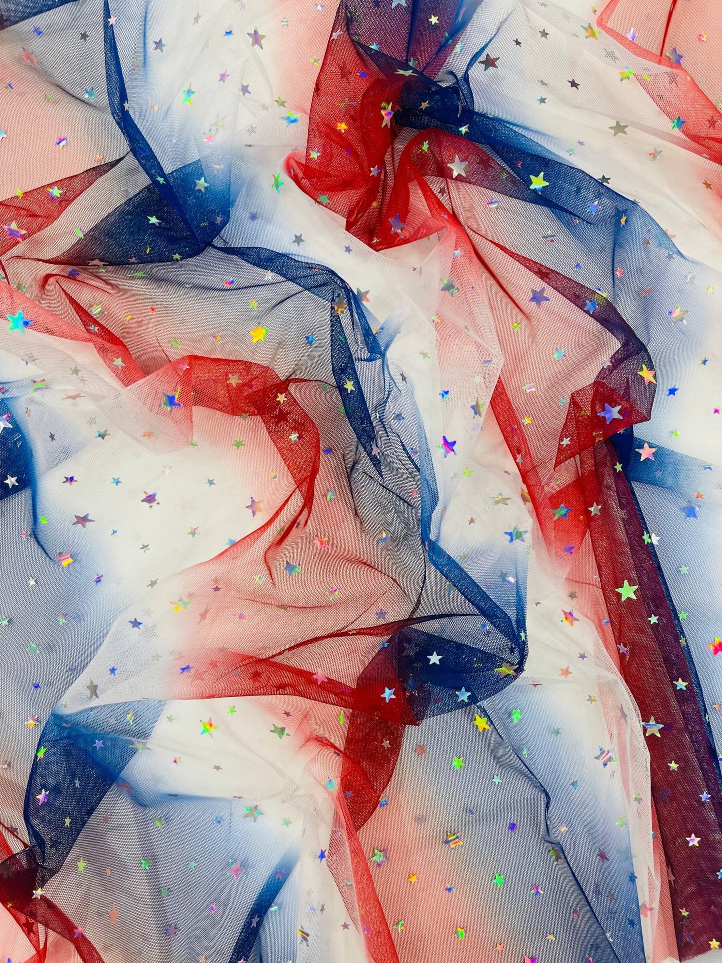 Red Blue And White Tie Dyed Mesh With Silver Stars Fabric| 58" Wide| 4th Of July. - New Creations Fabric & Foam Inc