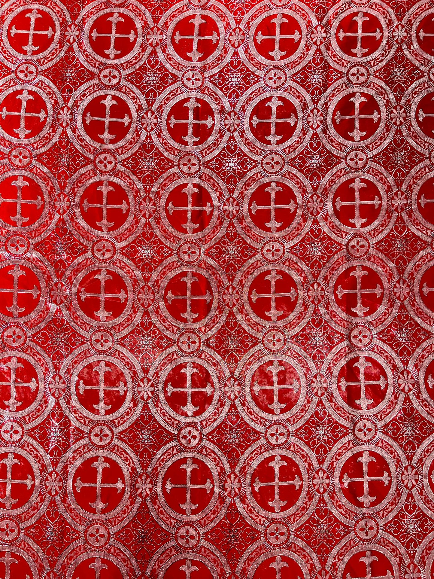 Red/Silver - Rectangular Metallic Cross Brocade Jacquard Satin Tablecloth Overlay/Religious Brocade/Liturgical Fabric/Church. - New Creations Fabric & Foam Inc