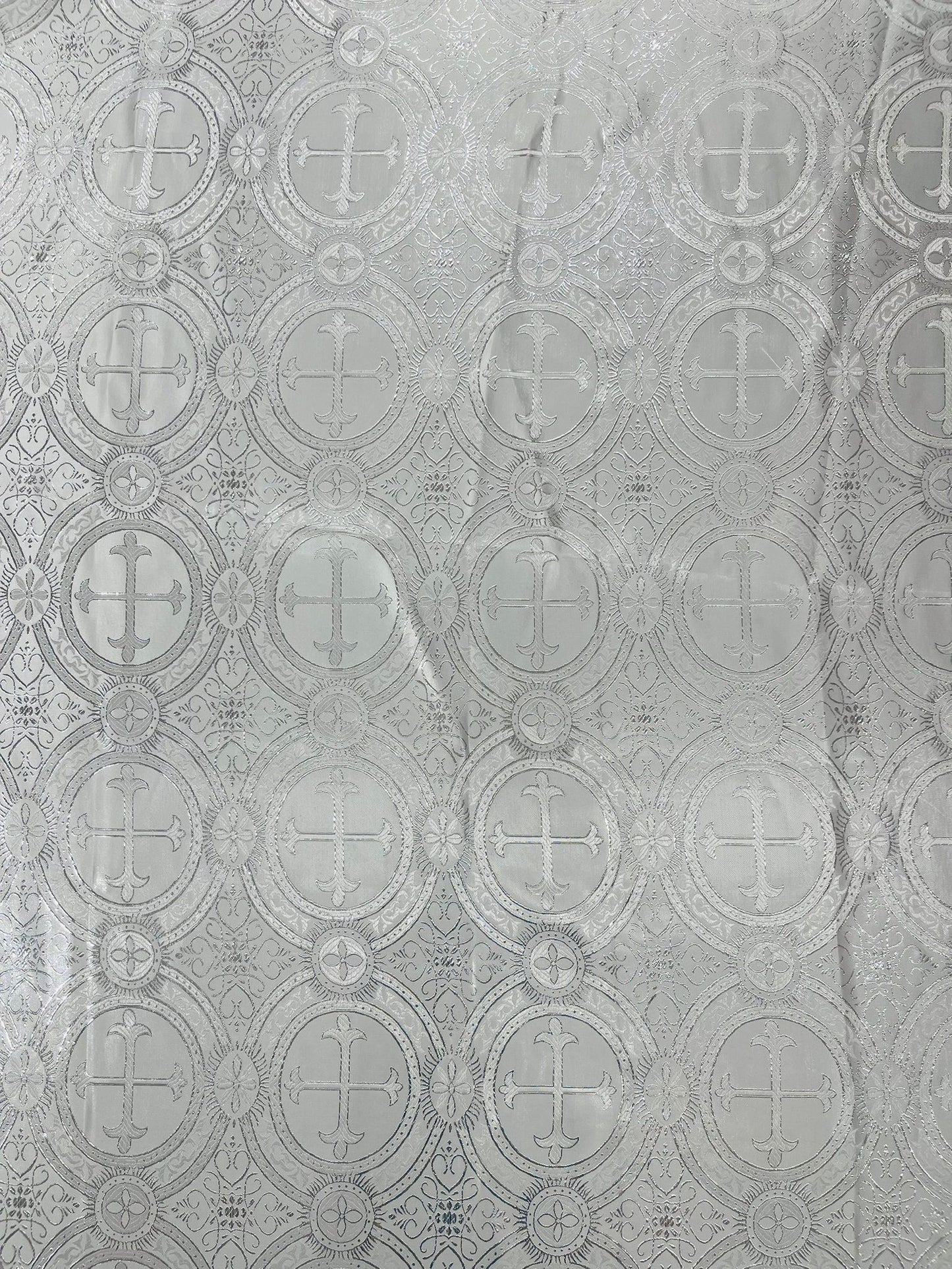White/Silver - Rectangular Metallic Cross Brocade Jacquard Satin Tablecloth Overlay/Religious Brocade/Liturgical Fabric/Church. - New Creations Fabric & Foam Inc