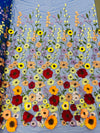 Multi color Sun flower 3d design embroider in a mesh lace-sold by the yard.