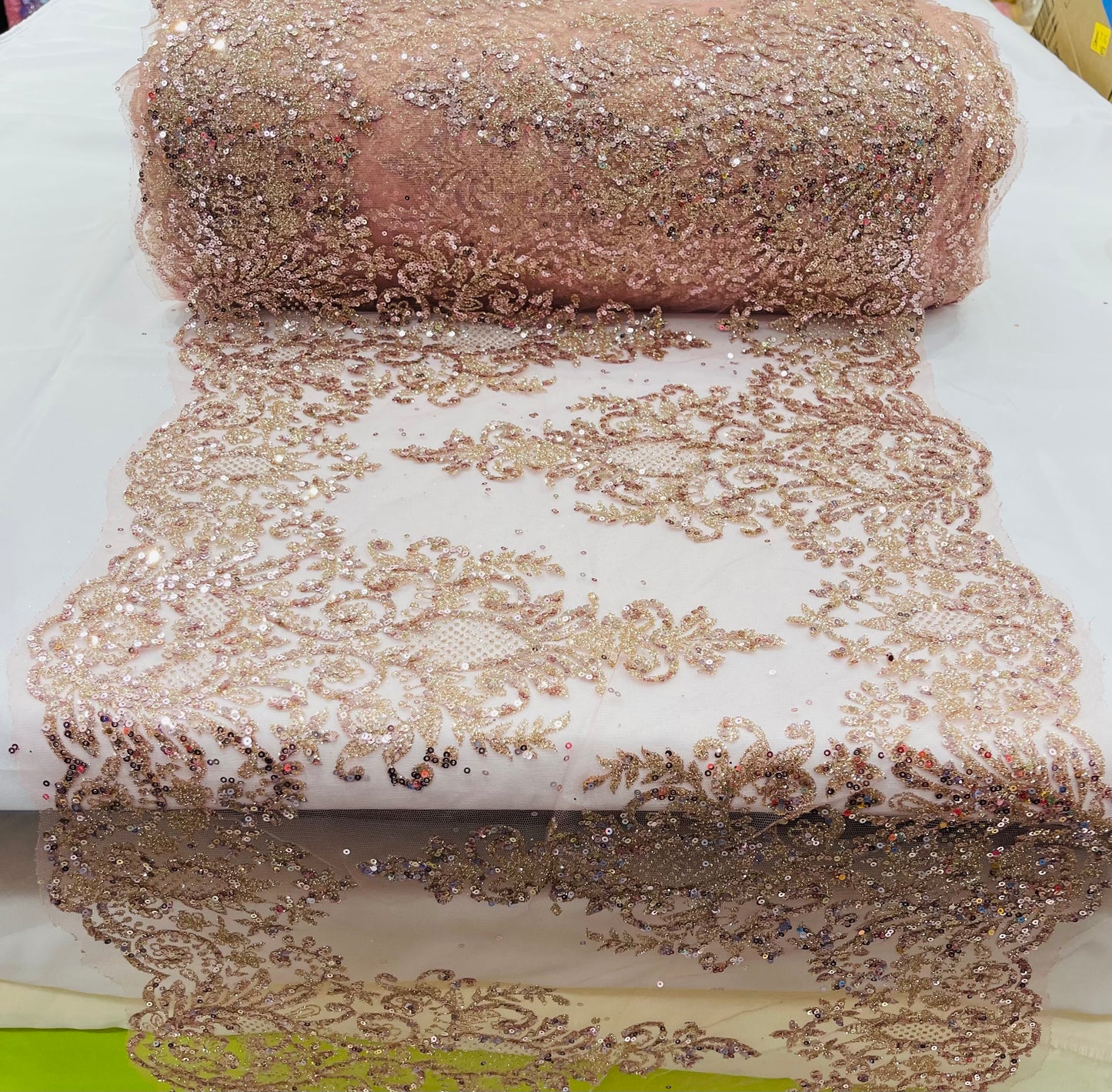 Trim Glitter Damask Design On A Mesh Lace| 20" Wide | appeal Fabric| Sold By The Yard.