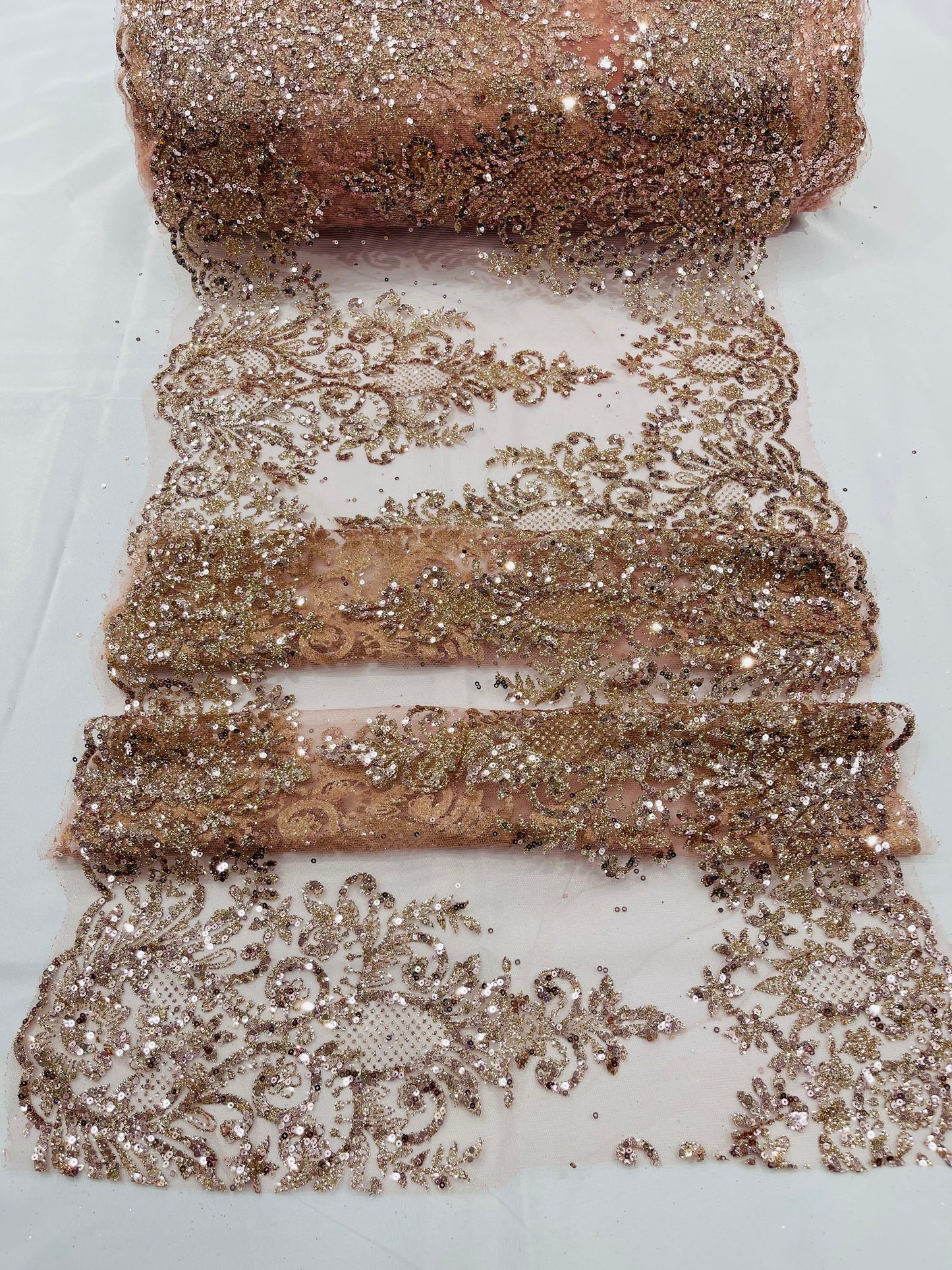 Trim Glitter Damask Design On A Mesh Lace| 20" Wide | appeal Fabric| Sold By The Yard.