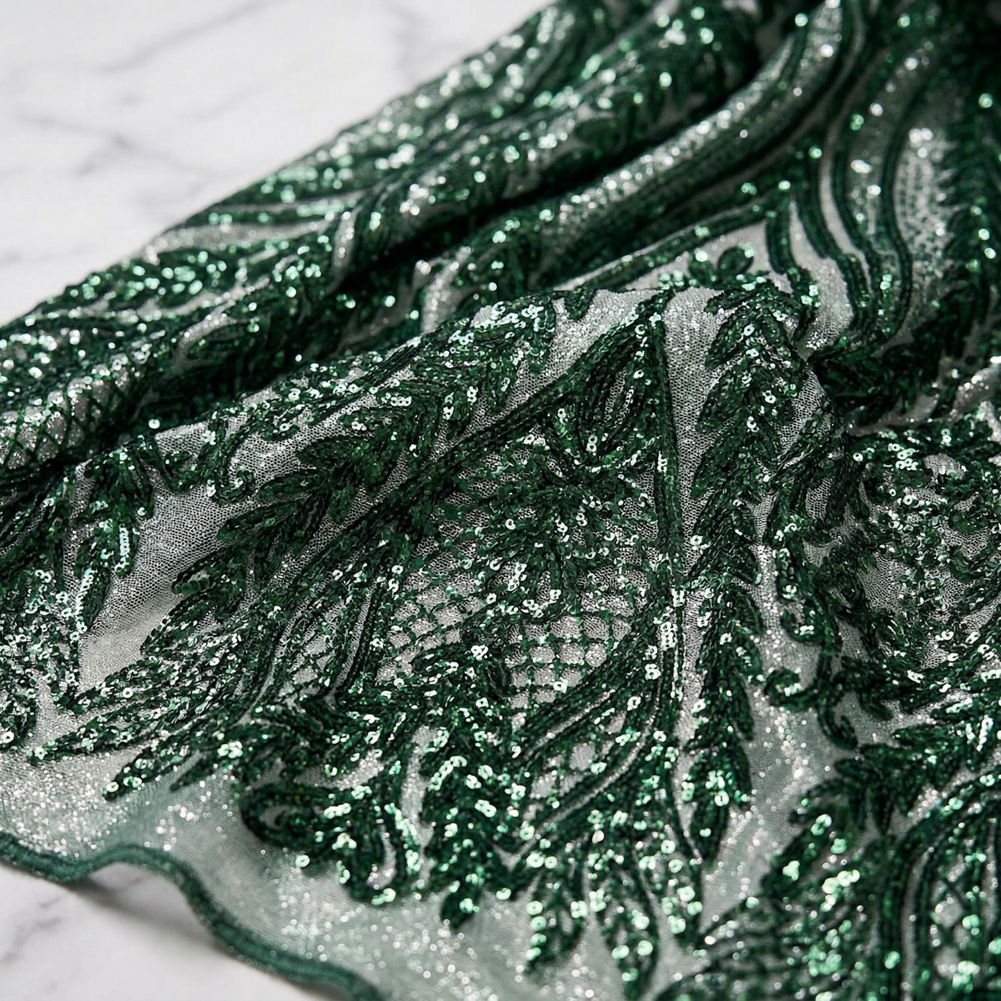 Damask Sequin Stretch Mesh Fabric by the Yard 54” Wide – Floral Iridescent Sequin Fabric for Prom Dresses, Evening Gowns, Bridal Wear & Luxury Fashion