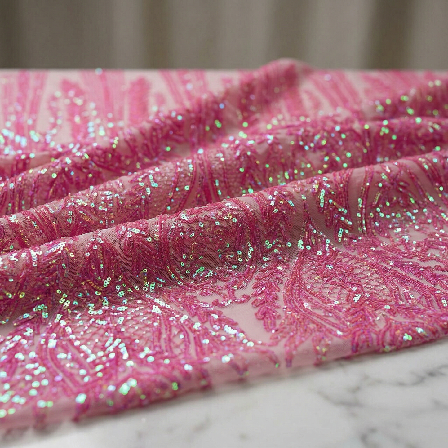 Damask Sequin Stretch Mesh Fabric by the Yard 54” Wide – Floral Iridescent Sequin Fabric for Prom Dresses, Evening Gowns, Bridal Wear & Luxury Fashion