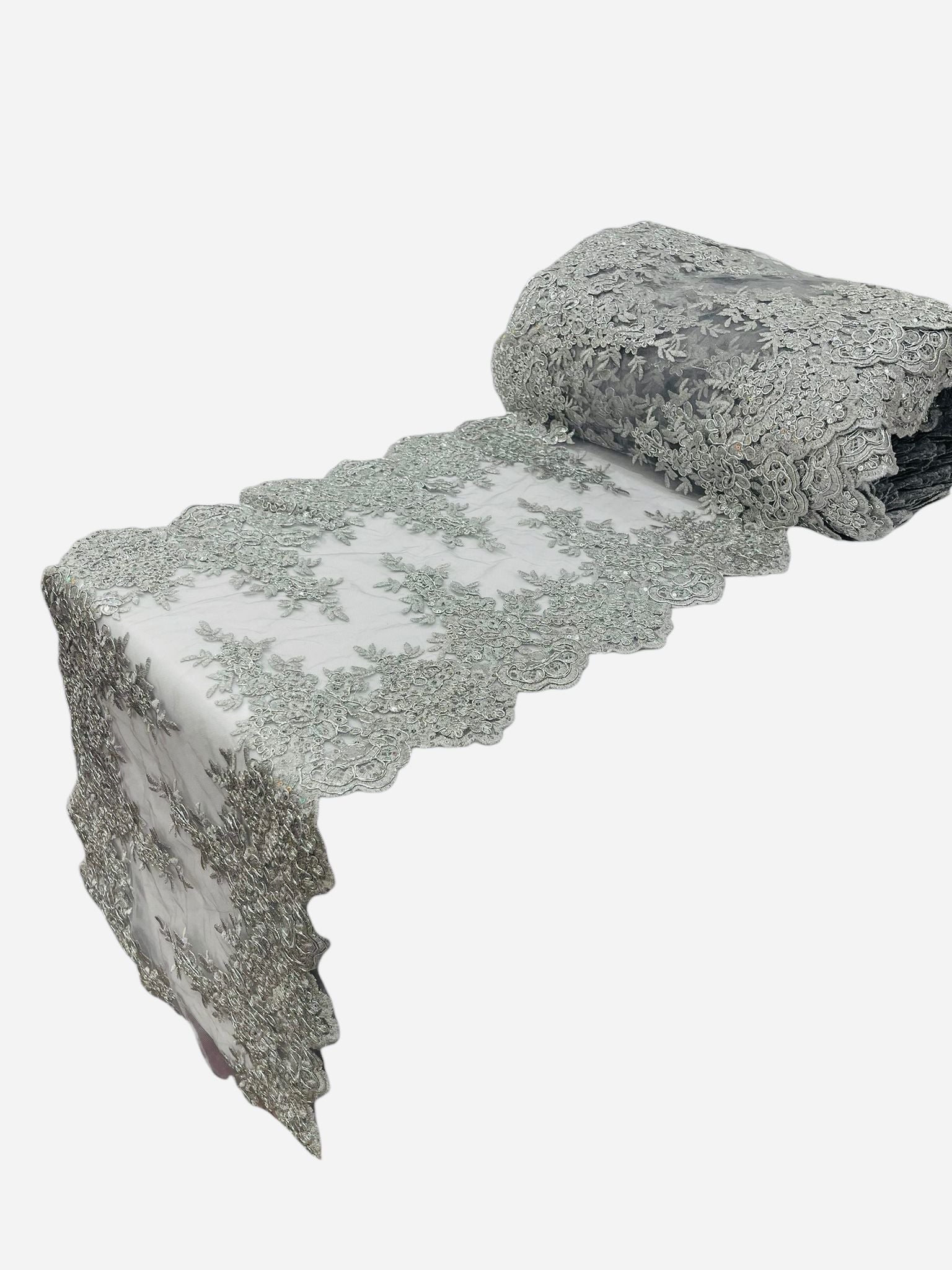 14"Wide Sequins Metallic Embroidered Lace on Mesh Fabric, Trim Lace, Table Runner. Sold By The Yard. - New Creations Fabric & Foam Inc