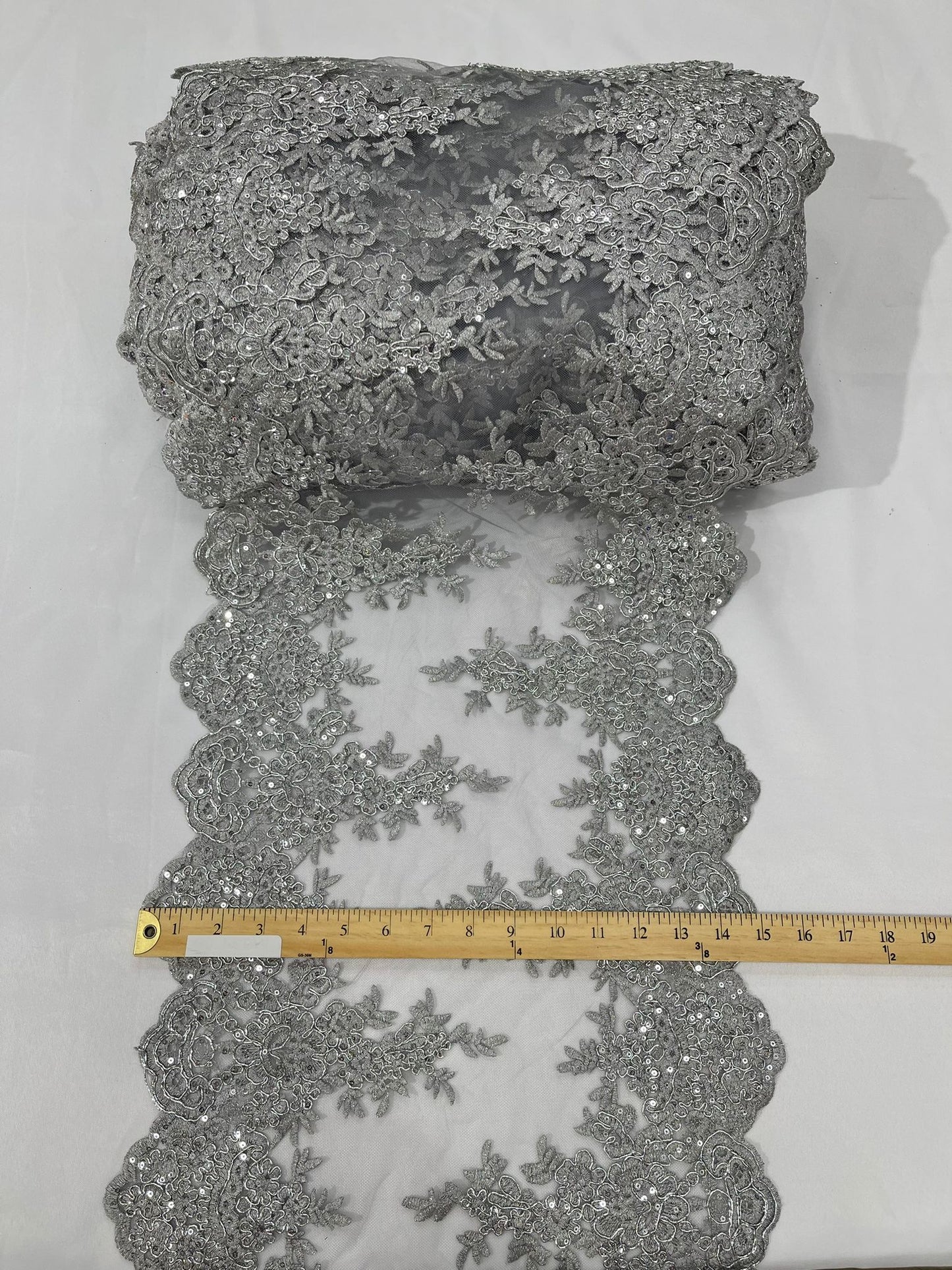 14"Wide Sequins Metallic Embroidered Lace on Mesh Fabric, Trim Lace, Table Runner. Sold By The Yard. - New Creations Fabric & Foam Inc