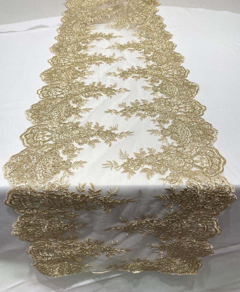 14"Wide Sequins Metallic Embroidered Lace on Mesh Fabric, Trim Lace, Table Runner. Sold By The Yard. - New Creations Fabric & Foam Inc
