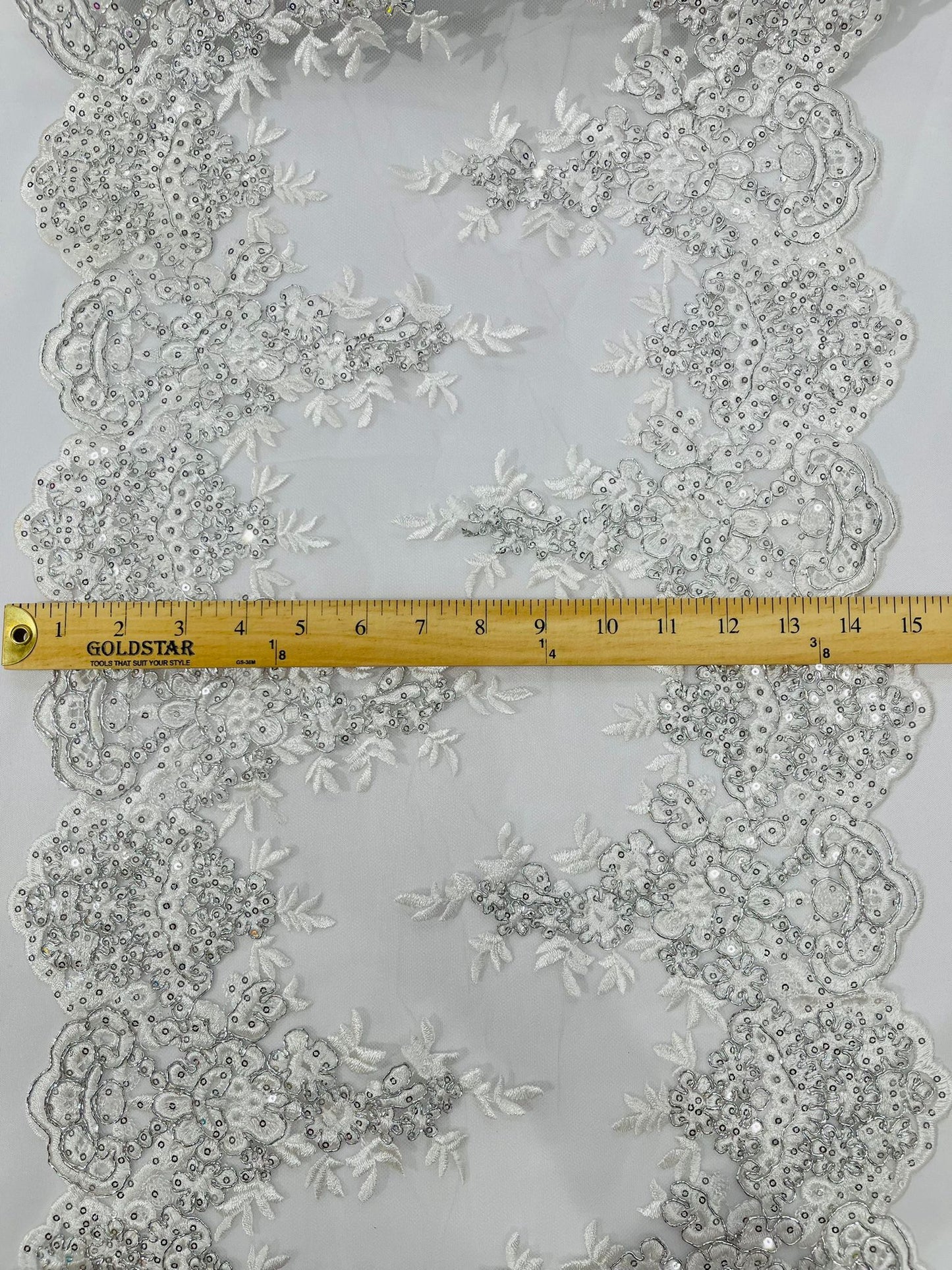 14"Wide Sequins Metallic Embroidered Lace on Mesh Fabric, Trim Lace, Table Runner. Sold By The Yard. - New Creations Fabric & Foam Inc