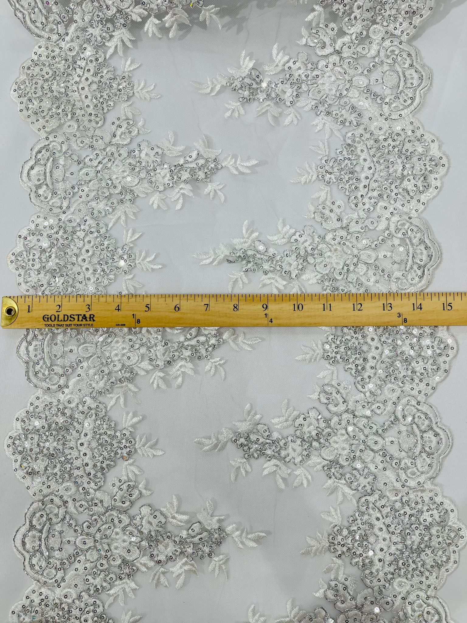 14"Wide Sequins Metallic Embroidered Lace on Mesh Fabric, Trim Lace, Table Runner. Sold By The Yard. - New Creations Fabric & Foam Inc