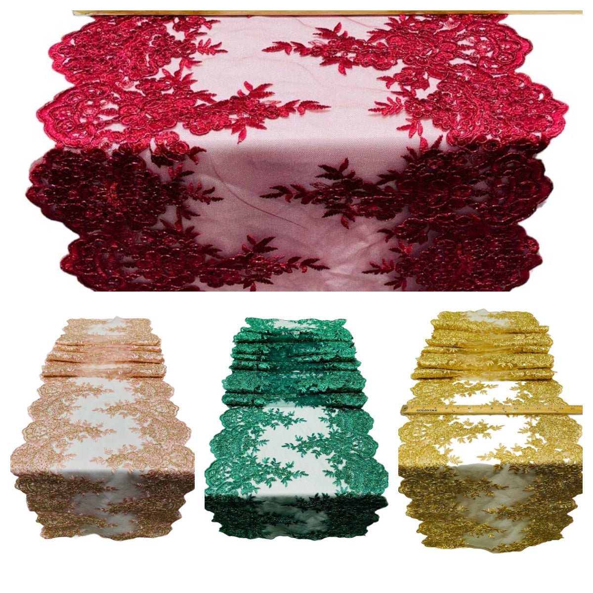 14"Wide Sequins Metallic Embroidered Lace on Mesh Fabric, Trim Lace, Table Runner. Sold By The Yard. - New Creations Fabric & Foam Inc