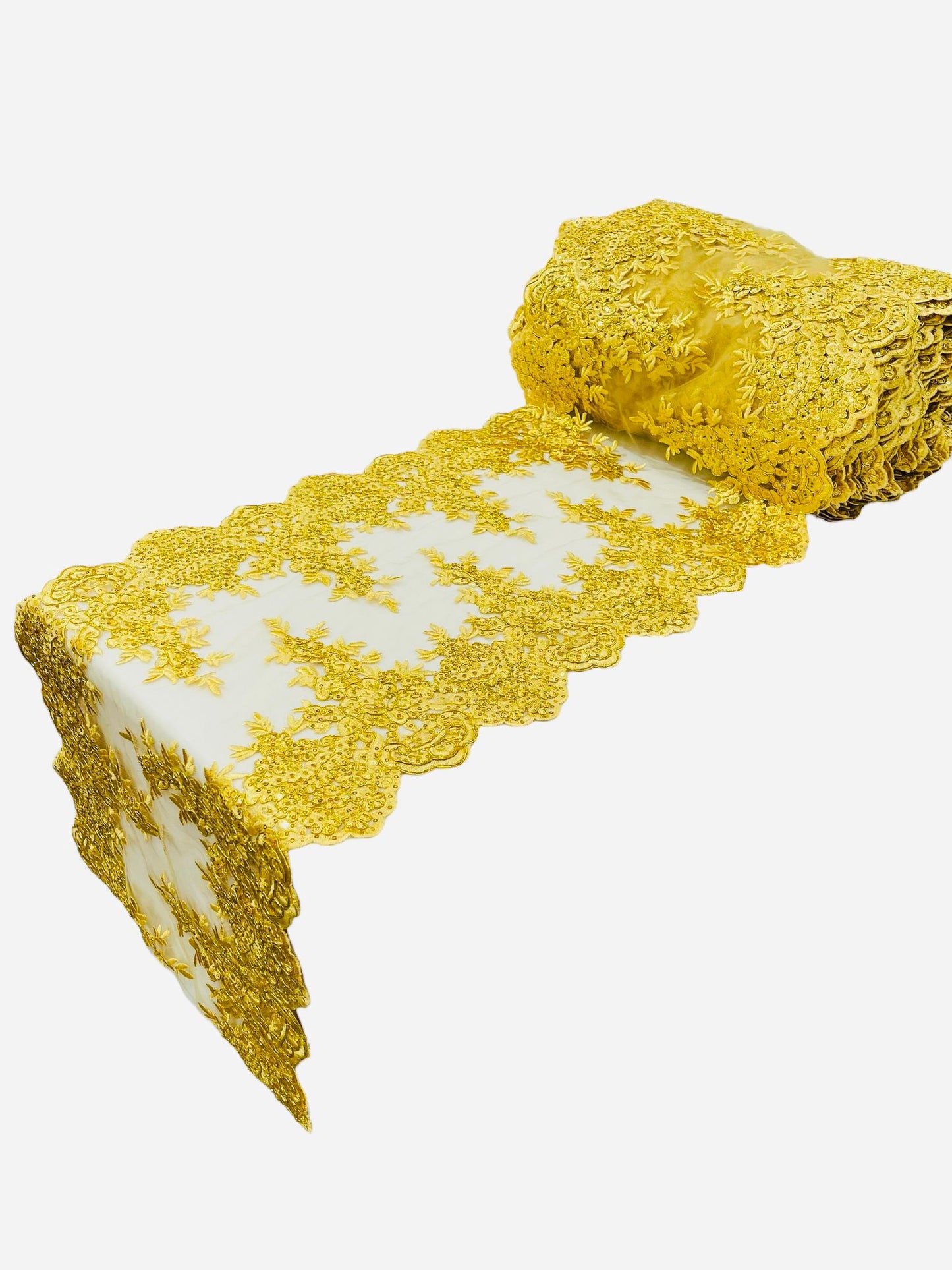 14"Wide X 90"Long Sequins Metallic Embroidered Lace on Mesh Fabric, Trim Lace, Table Runner. - New Creations Fabric & Foam Inc