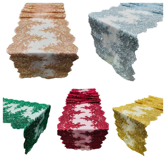 14"Wide X 90"Long Sequins Metallic Embroidered Lace on Mesh Fabric, Trim Lace, Table Runner. - New Creations Fabric & Foam Inc