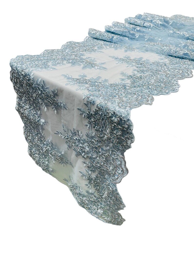 14"Wide X 90"Long Sequins Metallic Embroidered Lace on Mesh Fabric, Trim Lace, Table Runner. - New Creations Fabric & Foam Inc