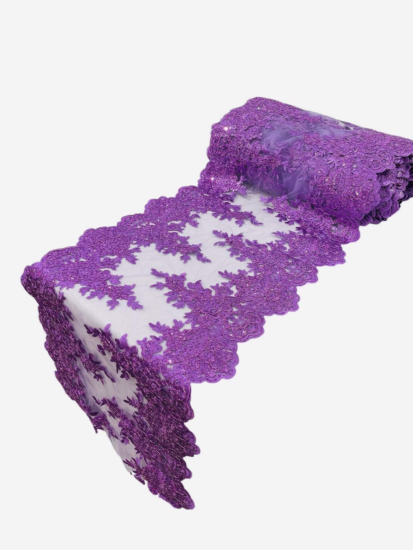 14"Wide X 90"Long Sequins Metallic Embroidered Lace on Mesh Fabric, Trim Lace, Table Runner. - New Creations Fabric & Foam Inc