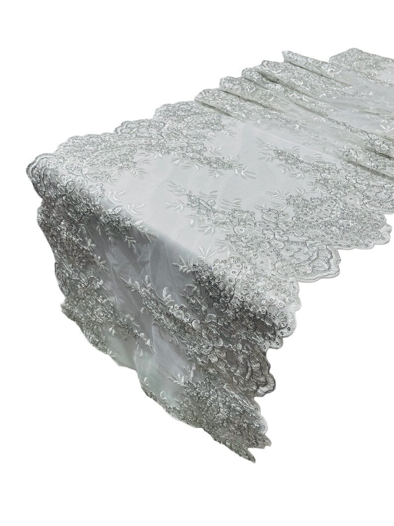 14"Wide X 90"Long Sequins Metallic Embroidered Lace on Mesh Fabric, Trim Lace, Table Runner. - New Creations Fabric & Foam Inc