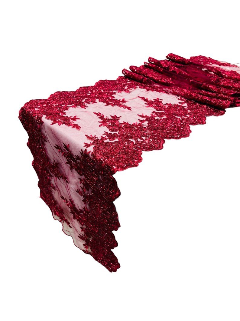 14"Wide X 90"Long Sequins Metallic Embroidered Lace on Mesh Fabric, Trim Lace, Table Runner. - New Creations Fabric & Foam Inc