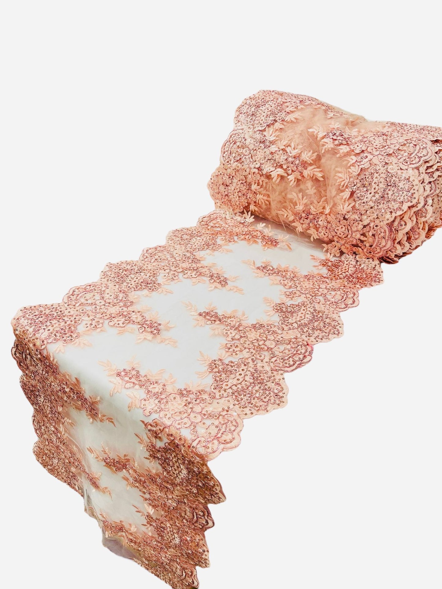 14"Wide X 90"Long Sequins Metallic Embroidered Lace on Mesh Fabric, Trim Lace, Table Runner. - New Creations Fabric & Foam Inc