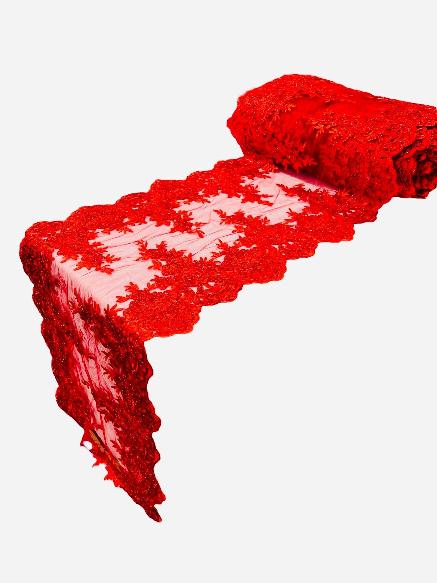 14"Wide X 90"Long Sequins Metallic Embroidered Lace on Mesh Fabric, Trim Lace, Table Runner. - New Creations Fabric & Foam Inc