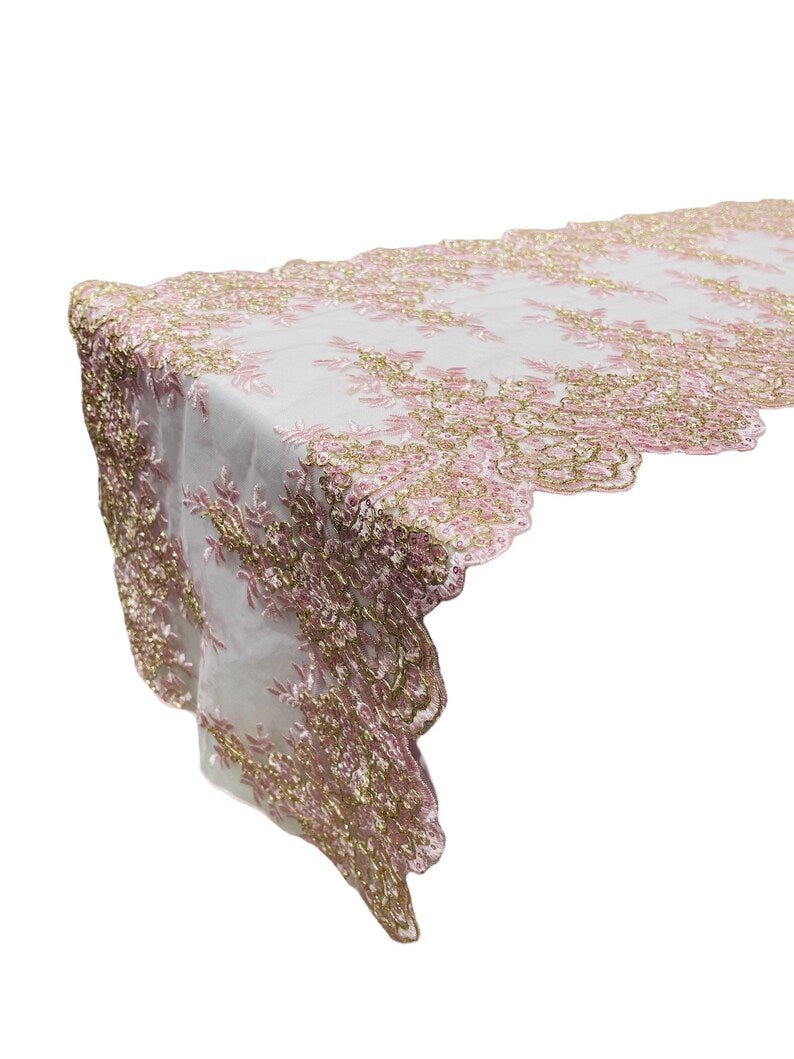 14"Wide X 90"Long Sequins Metallic Embroidered Lace on Mesh Fabric, Trim Lace, Table Runner. - New Creations Fabric & Foam Inc