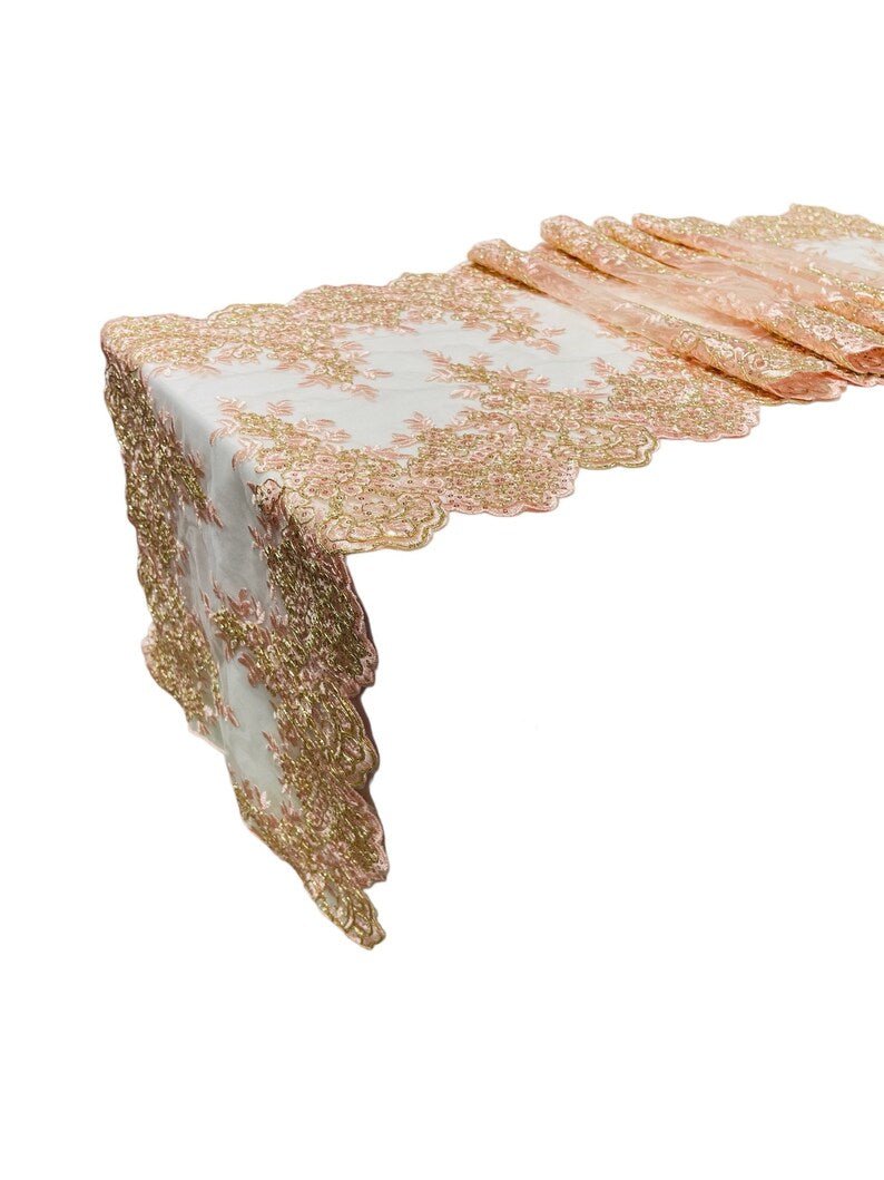 14"Wide X 90"Long Sequins Metallic Embroidered Lace on Mesh Fabric, Trim Lace, Table Runner. - New Creations Fabric & Foam Inc