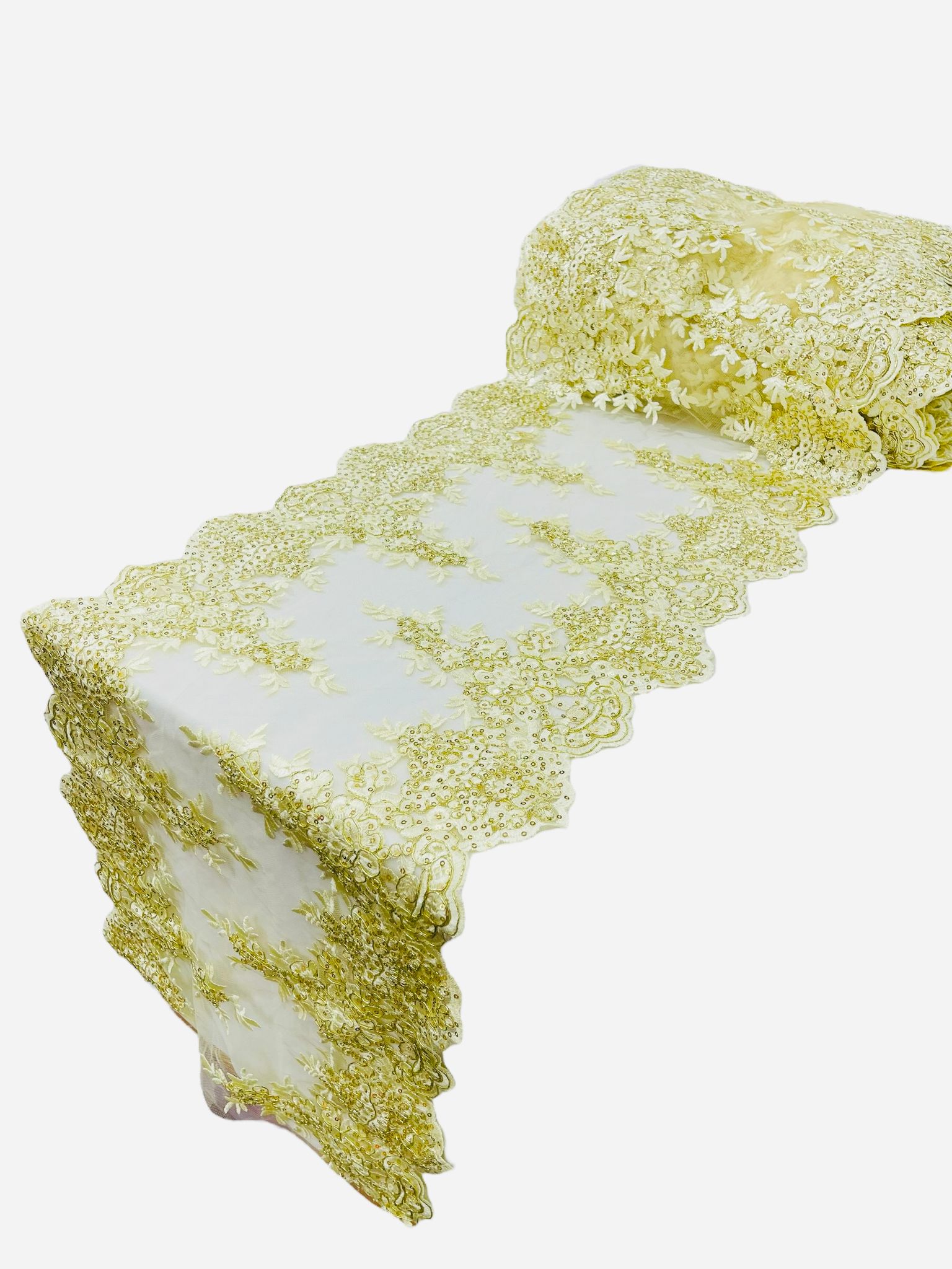 14"Wide X 90"Long Sequins Metallic Embroidered Lace on Mesh Fabric, Trim Lace, Table Runner. - New Creations Fabric & Foam Inc