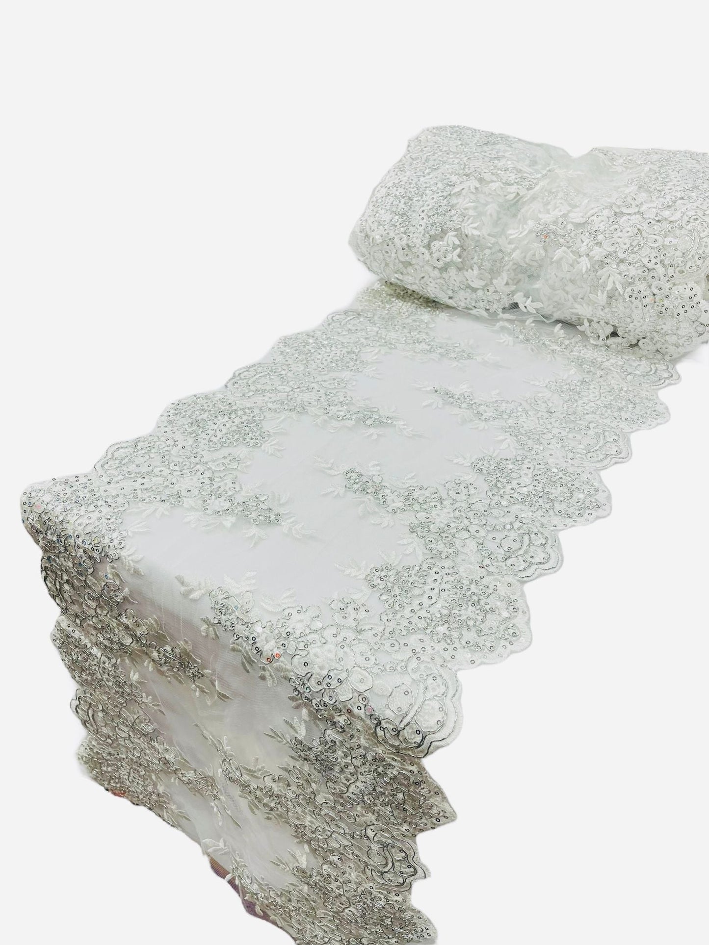 14"Wide X 90"Long Sequins Metallic Embroidered Lace on Mesh Fabric, Trim Lace, Table Runner. - New Creations Fabric & Foam Inc