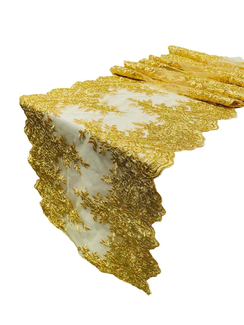 14"Wide X 90"Long Sequins Metallic Embroidered Lace on Mesh Fabric, Trim Lace, Table Runner. - New Creations Fabric & Foam Inc