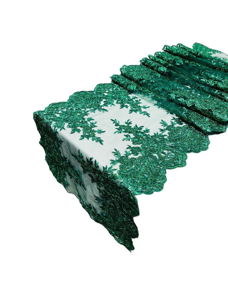 14"Wide X 90"Long Sequins Metallic Embroidered Lace on Mesh Fabric, Trim Lace, Table Runner. - New Creations Fabric & Foam Inc