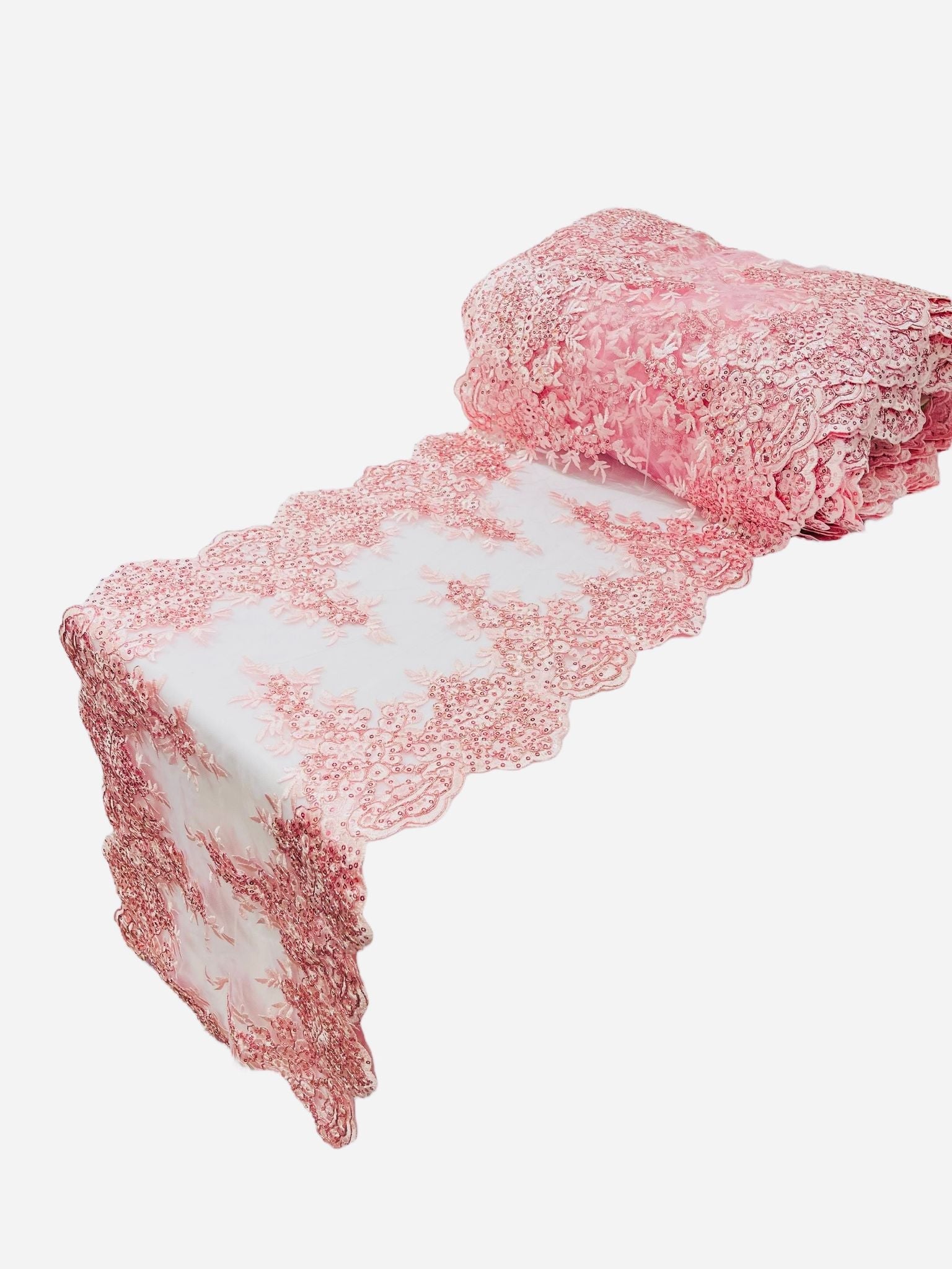 14"Wide X 90"Long Sequins Metallic Embroidered Lace on Mesh Fabric, Trim Lace, Table Runner. - New Creations Fabric & Foam Inc