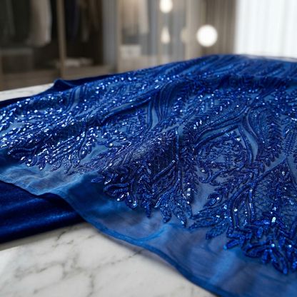 Damask Sequin Stretch Mesh Fabric by the Yard 54” Wide – Floral Iridescent Sequin Fabric for Prom Dresses, Evening Gowns, Bridal Wear & Luxury Fashion