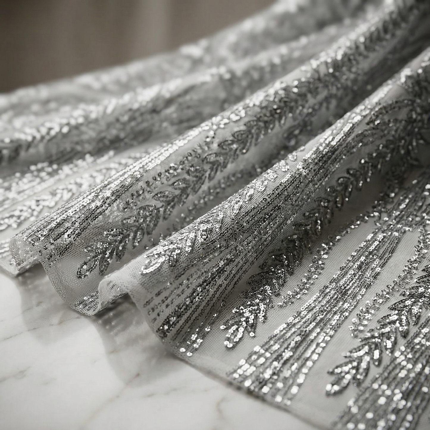 Damask Sequin Stretch Mesh Fabric by the Yard 54” Wide – Floral Iridescent Sequin Fabric for Prom Dresses, Evening Gowns, Bridal Wear & Luxury Fashion
