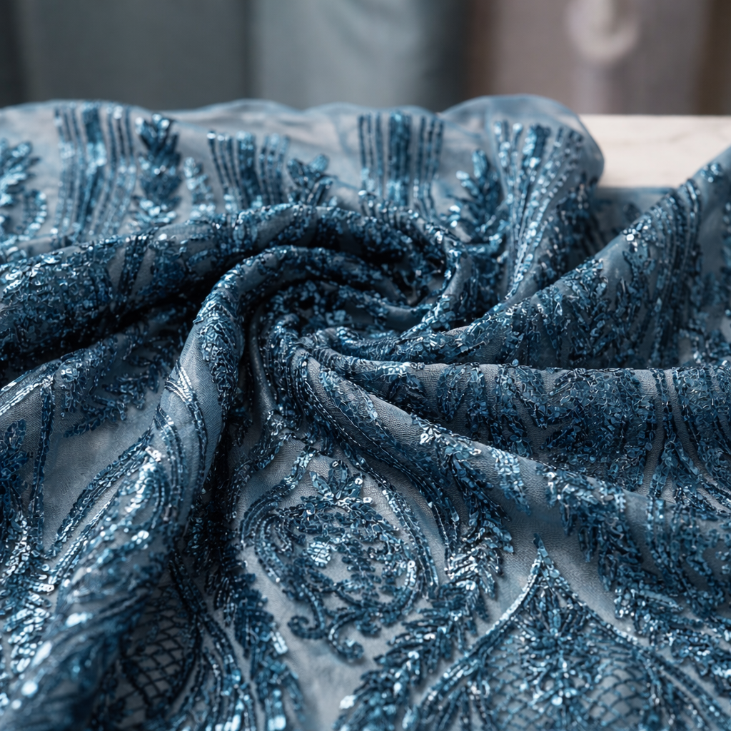 Damask Sequin Stretch Mesh Fabric by the Yard 54” Wide – Floral Iridescent Sequin Fabric for Prom Dresses, Evening Gowns, Bridal Wear & Luxury Fashion