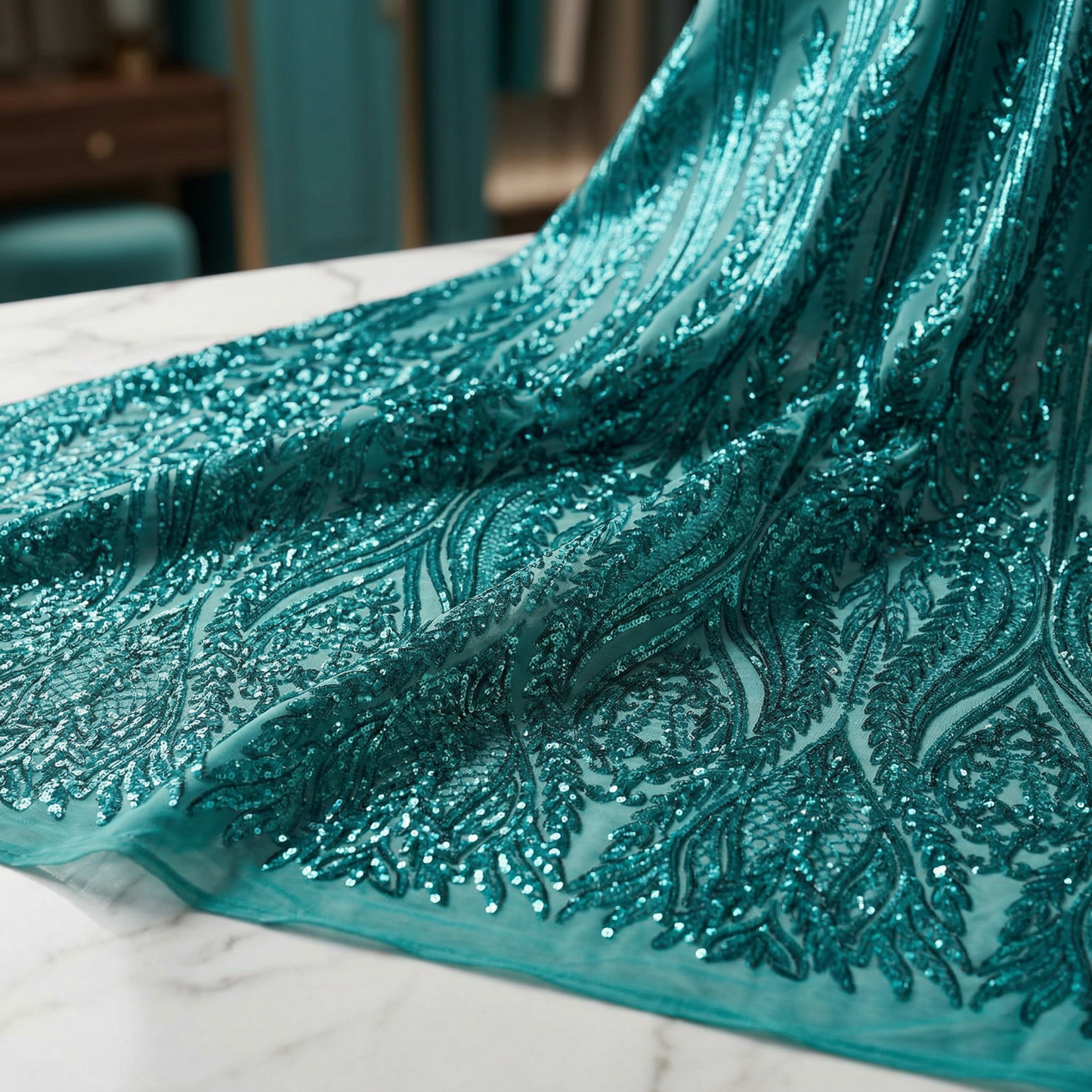 Damask Sequin Stretch Mesh Fabric by the Yard 54” Wide – Floral Iridescent Sequin Fabric for Prom Dresses, Evening Gowns, Bridal Wear & Luxury Fashion