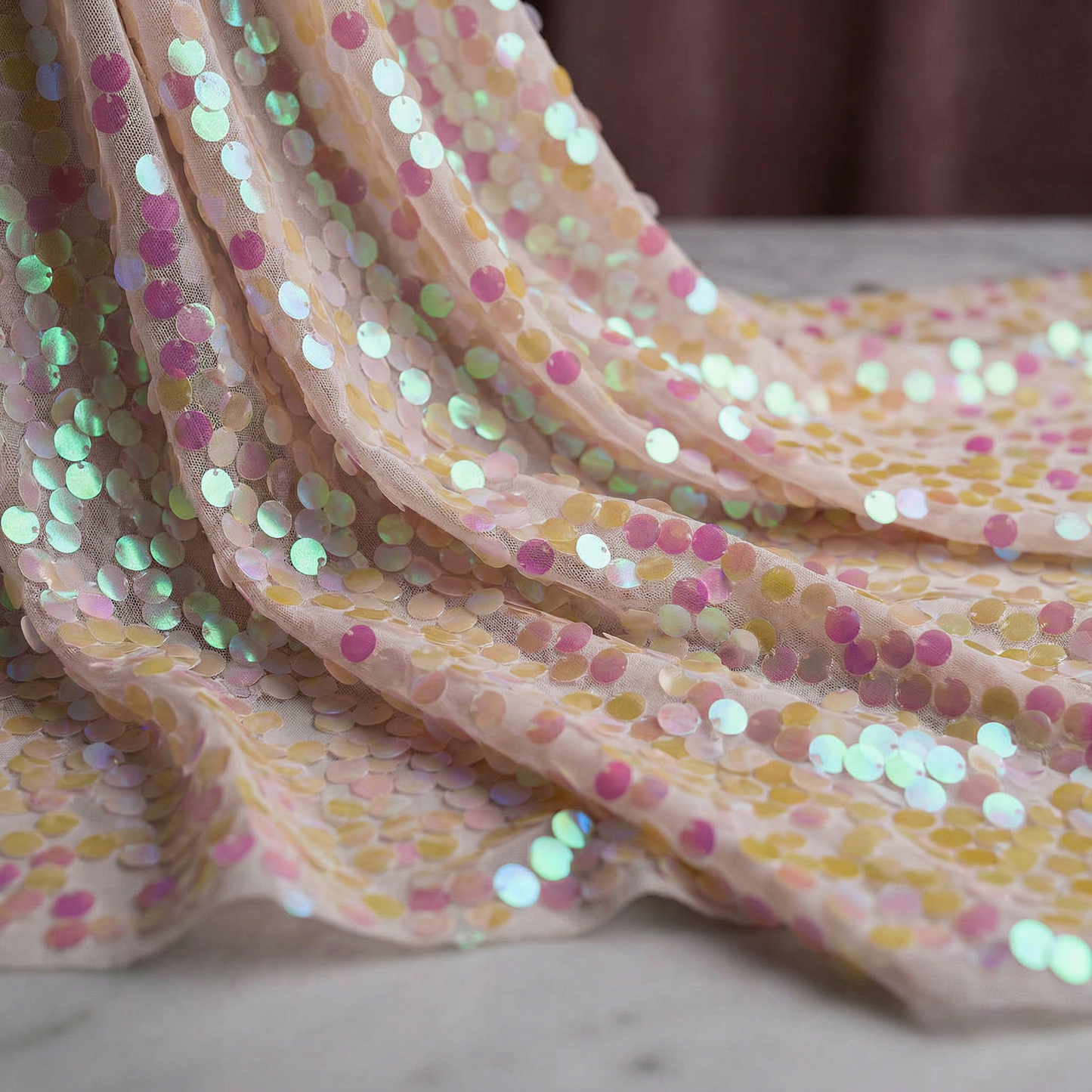Round Sequin Fabric by the Yard 54” Wide – Shiny Sequin Mesh Fabric for Dresses, Costumes, Backdrops & Event Decor