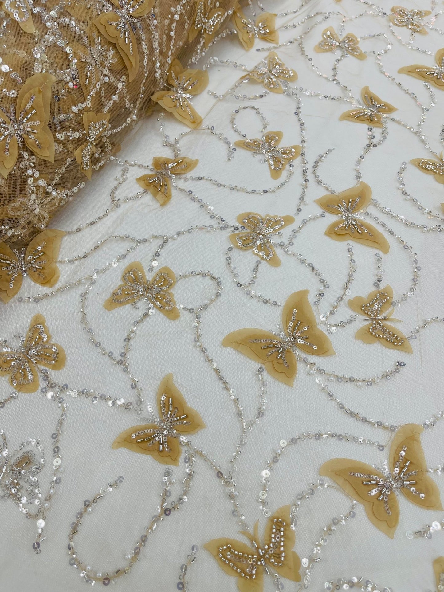 3D Beaded Butterfly Embroidered On A Mesh Fabric| New Creations Fabric & Foam Inc. - New Creations Fabric & Foam Inc