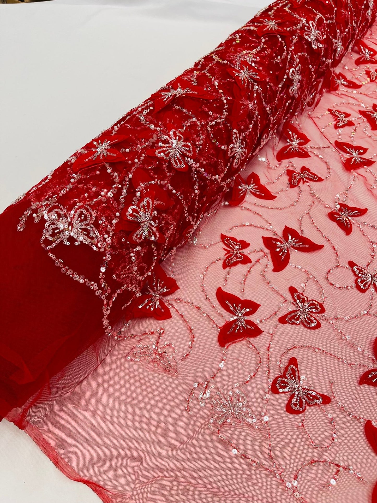 3D Beaded Butterfly Embroidered On A Mesh Fabric| New Creations Fabric & Foam Inc. - New Creations Fabric & Foam Inc