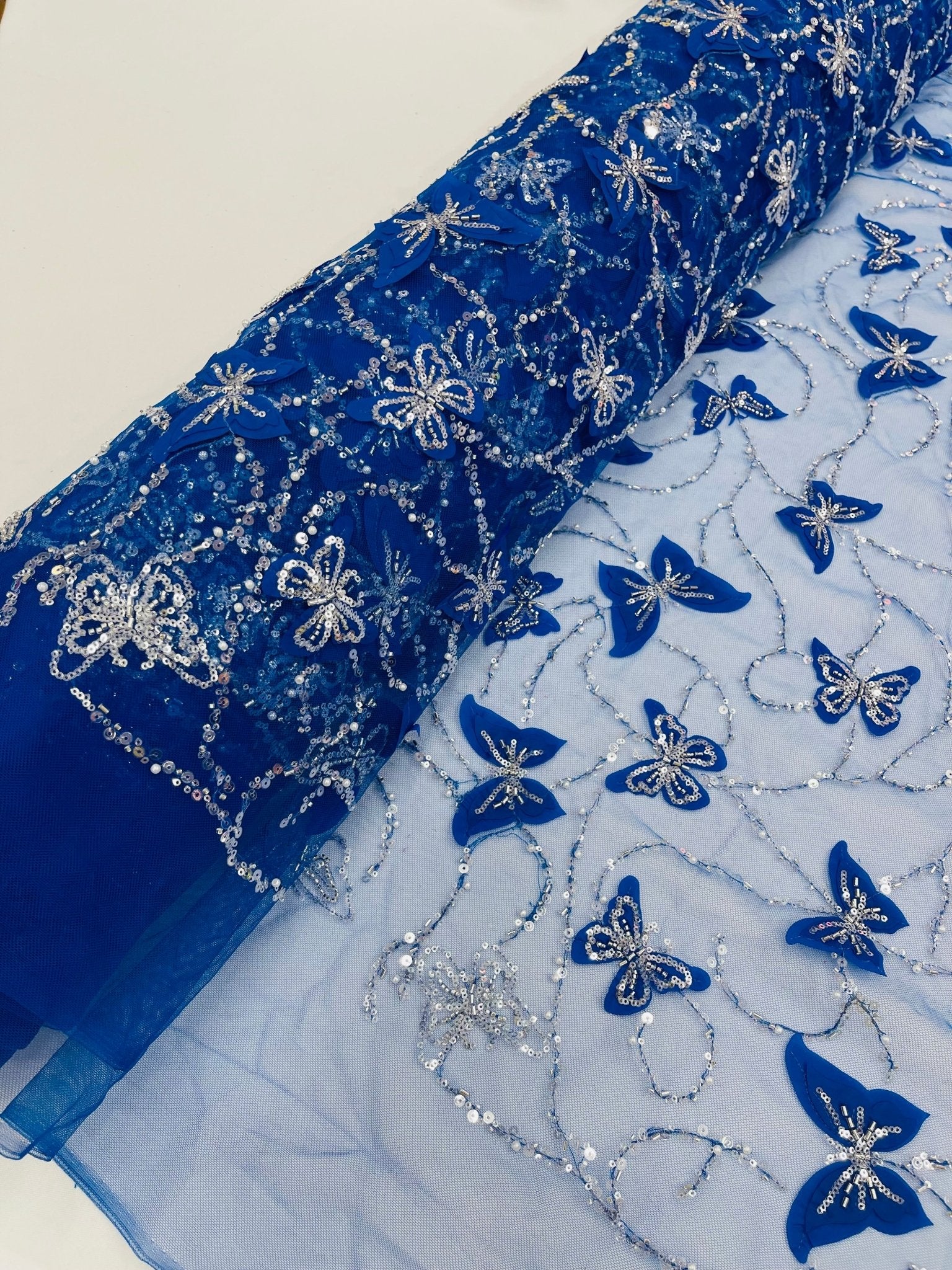 3D Beaded Butterfly Embroidered On A Mesh Fabric| New Creations Fabric & Foam Inc. - New Creations Fabric & Foam Inc