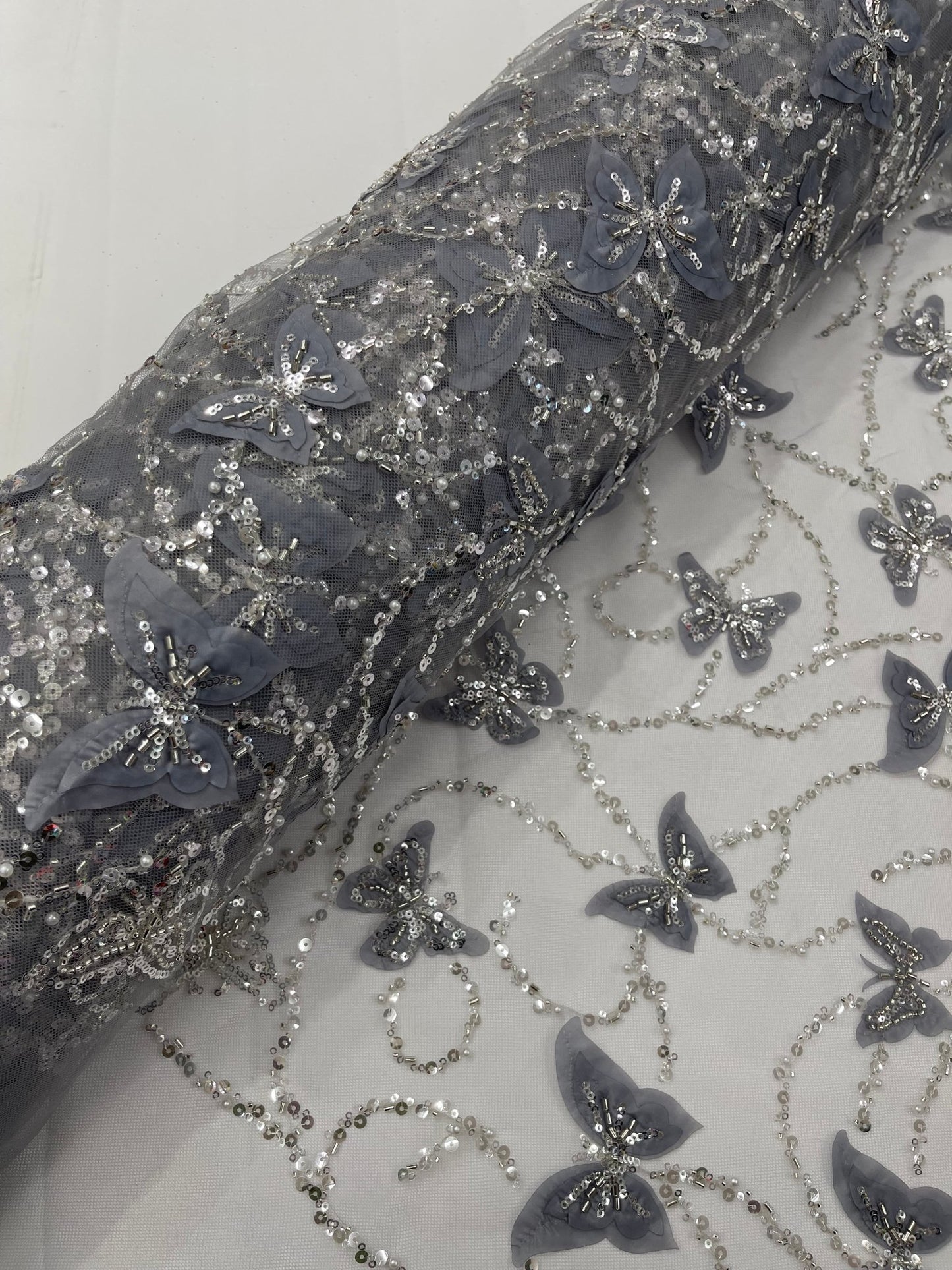 3D Beaded Butterfly Embroidered On A Mesh Fabric| New Creations Fabric & Foam Inc. - New Creations Fabric & Foam Inc