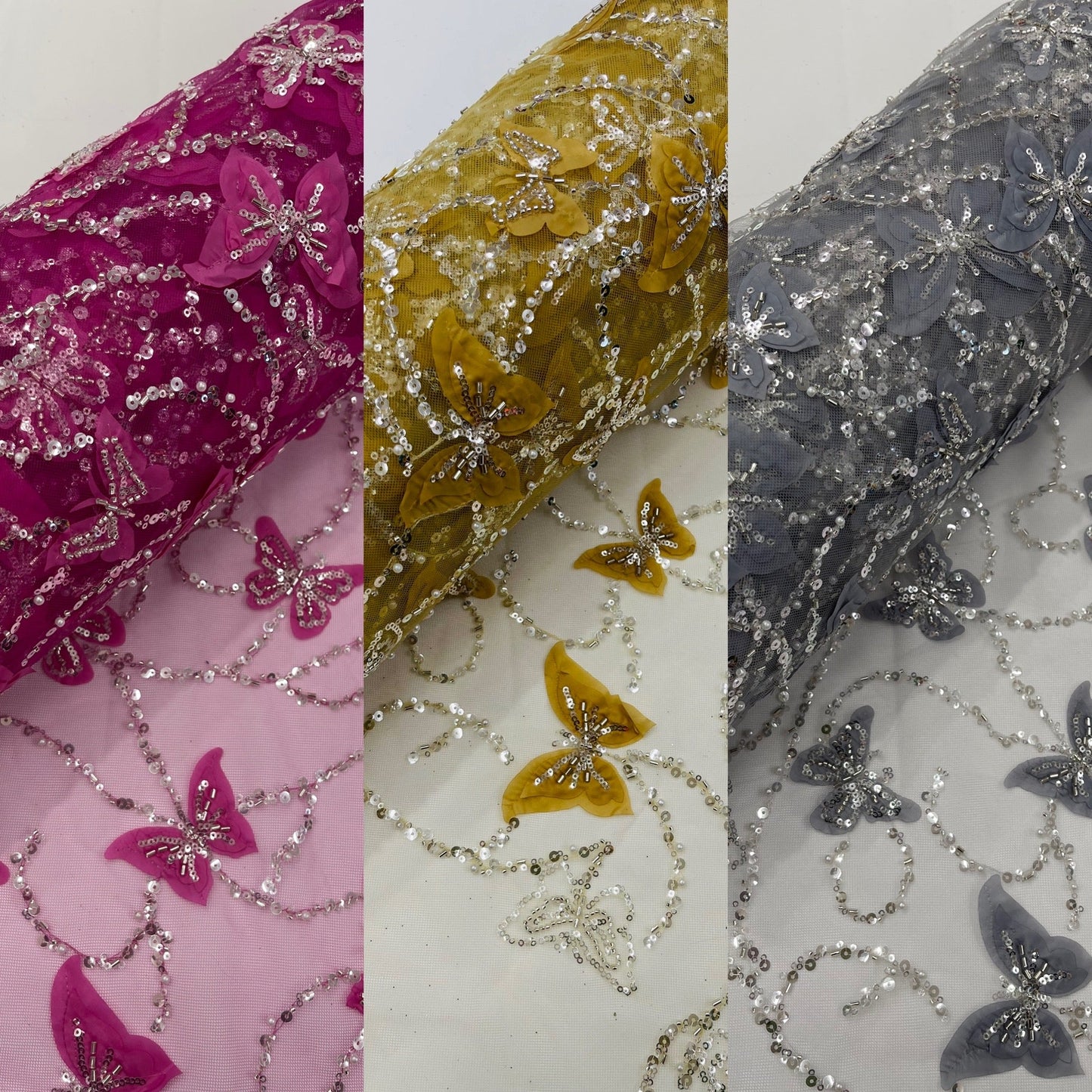 3D Beaded Butterfly Embroidered On A Mesh Fabric| New Creations Fabric & Foam Inc. - New Creations Fabric & Foam Inc