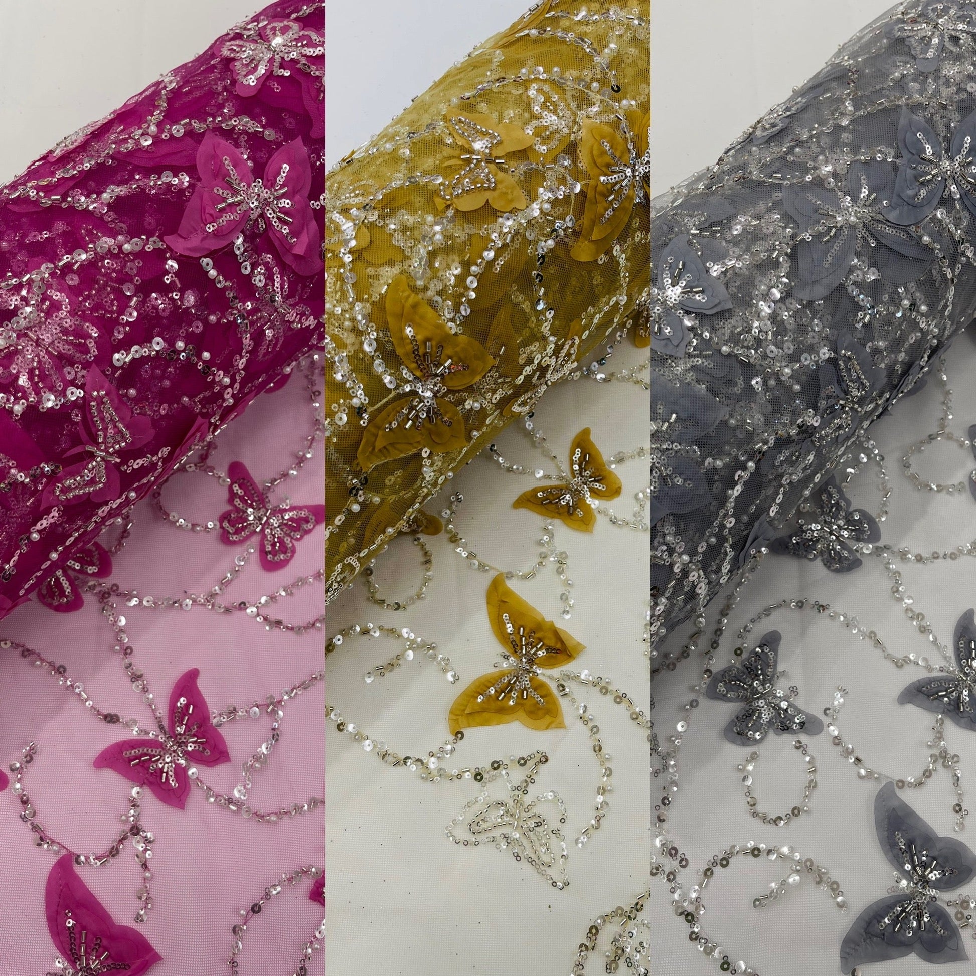 3D Beaded Butterfly Embroidered On A Mesh Fabric| New Creations Fabric & Foam Inc. - New Creations Fabric & Foam Inc