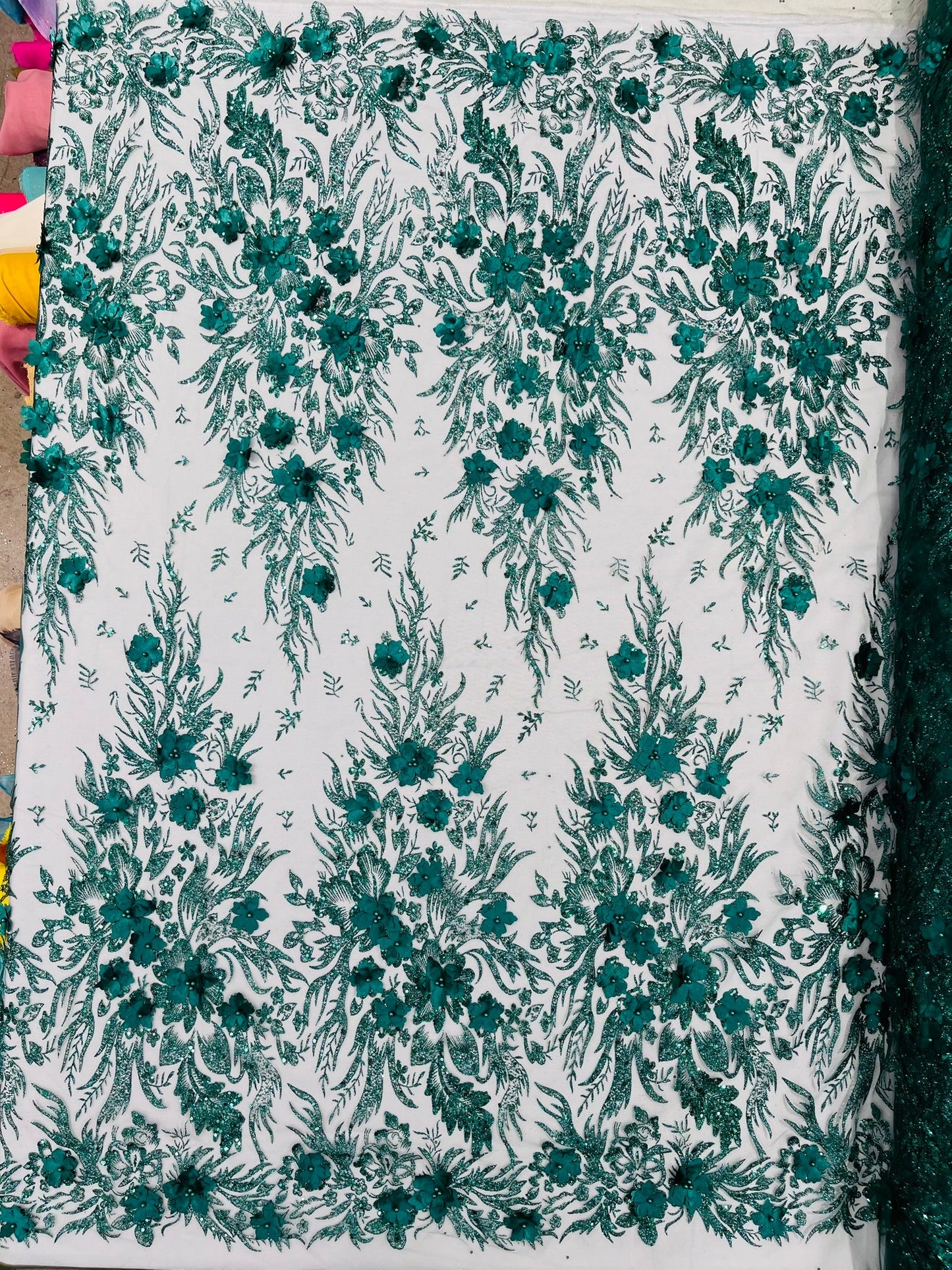 3D Floral Big Glitter Damask Design On A Mesh Lace 54" Wide| New Creations Fabric & Foam Inc. - New Creations Fabric & Foam Inc