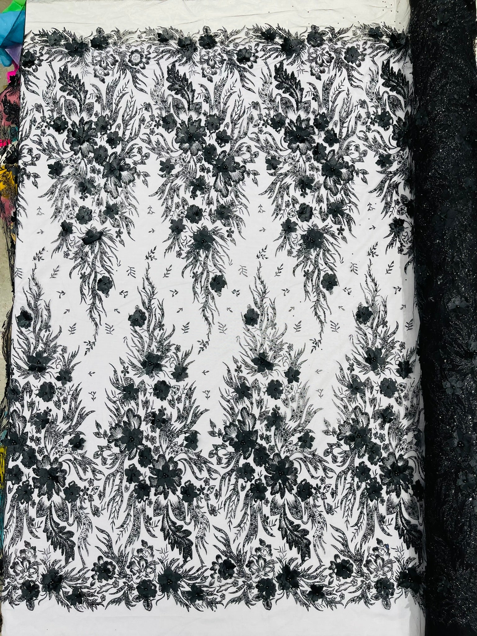 3D Floral Big Glitter Damask Design On A Mesh Lace 54" Wide| New Creations Fabric & Foam Inc. - New Creations Fabric & Foam Inc